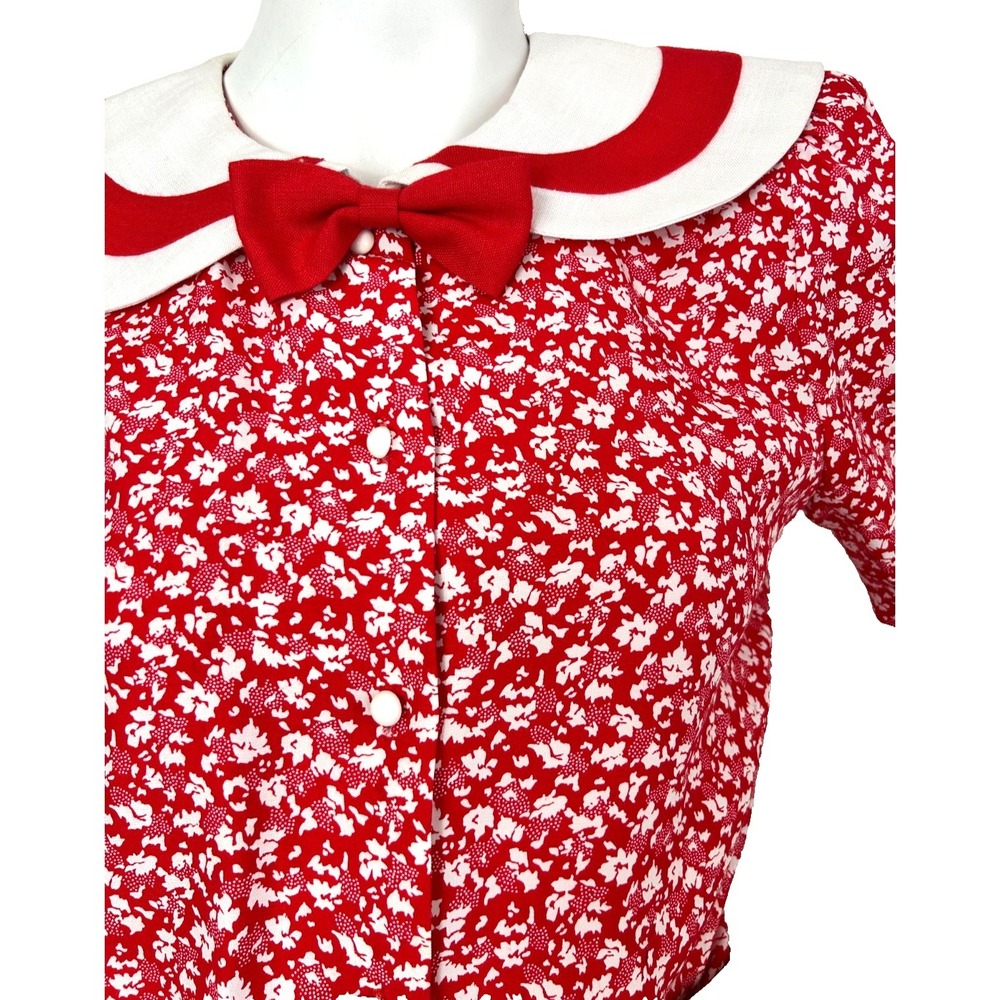 Vintage Patty ONeil Cottagecore Midi Dress M Red Floral Bow Peter Pan Collar EUC - Picture 8 of 14
